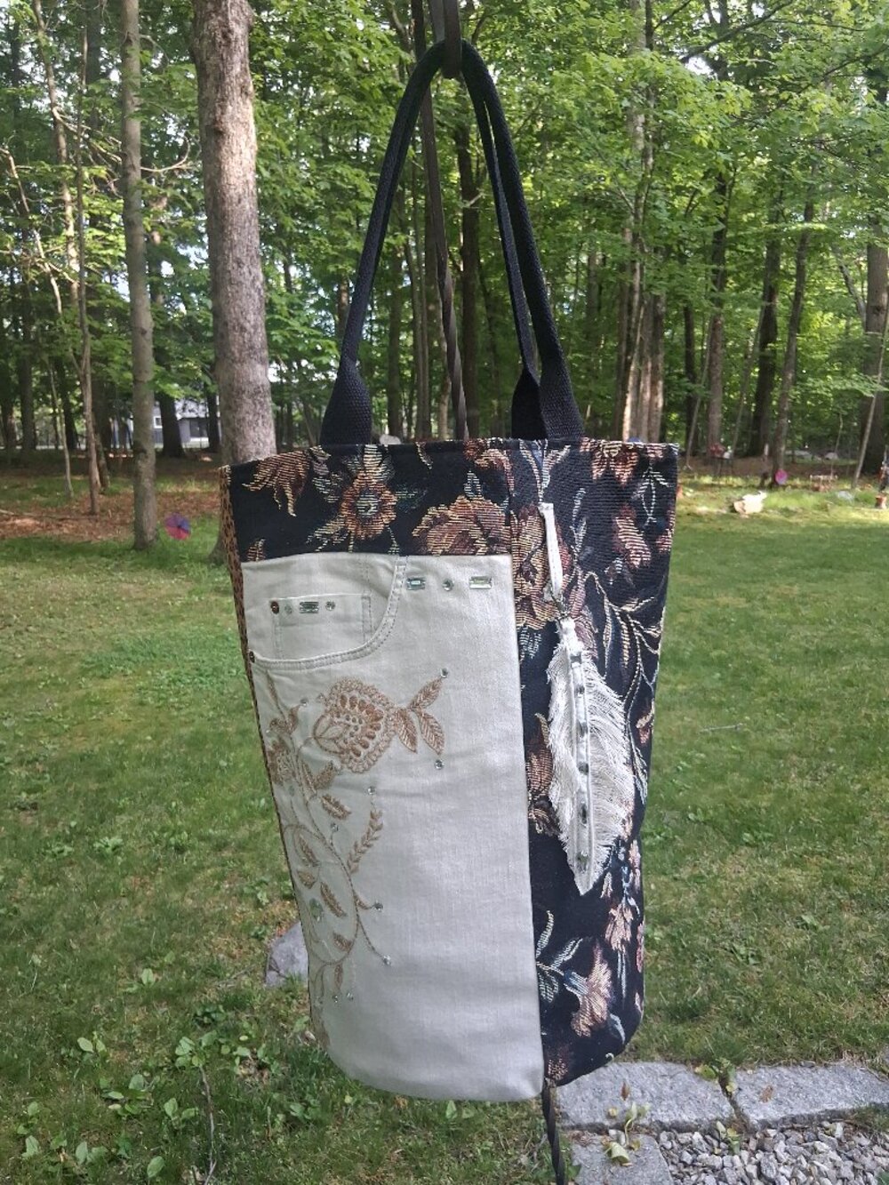 Upcycled Anthropologie Denim & Tapestry Bucket Bag Tote - Handmade